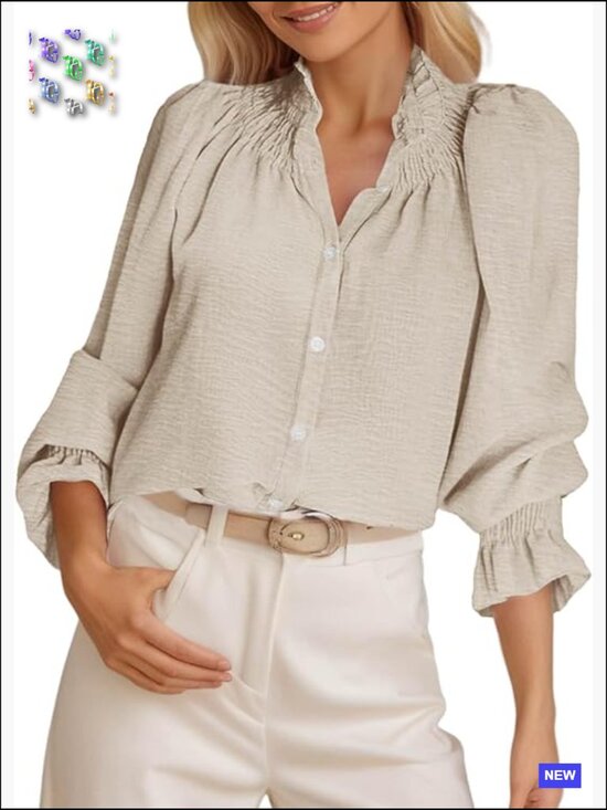 Tops - Puff Long Sleeve Button Down Shirt Ruffle Mock Neck Blouse Dressy Casual Loose